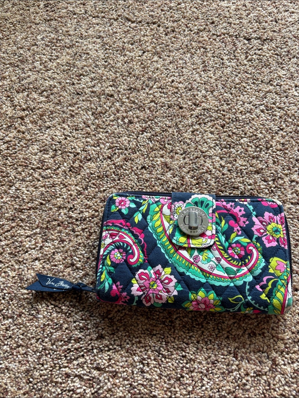 Vera Bradley Quilted Floral Paisley Wallet - Navy with Pink & Green Accents